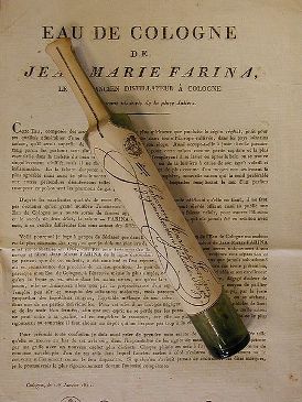 Featured is a photo of an original "Eau de Cologne" bottle. "Eau de Cologne" was actually "invented" by Jean Marie Farina in Cologne, Germany in 1850.